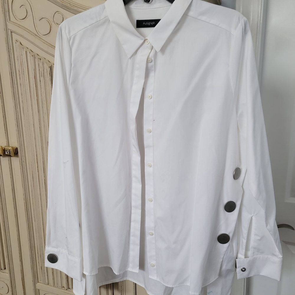 Autograph White Button-Front Shirt with Contrast Side Buttons